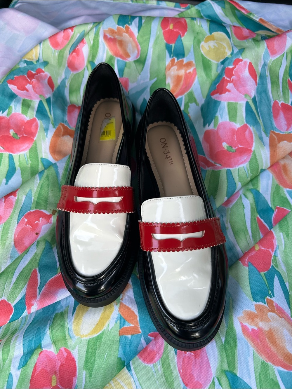 Patent Tri-Color Penny Loafers — Black, White & Red